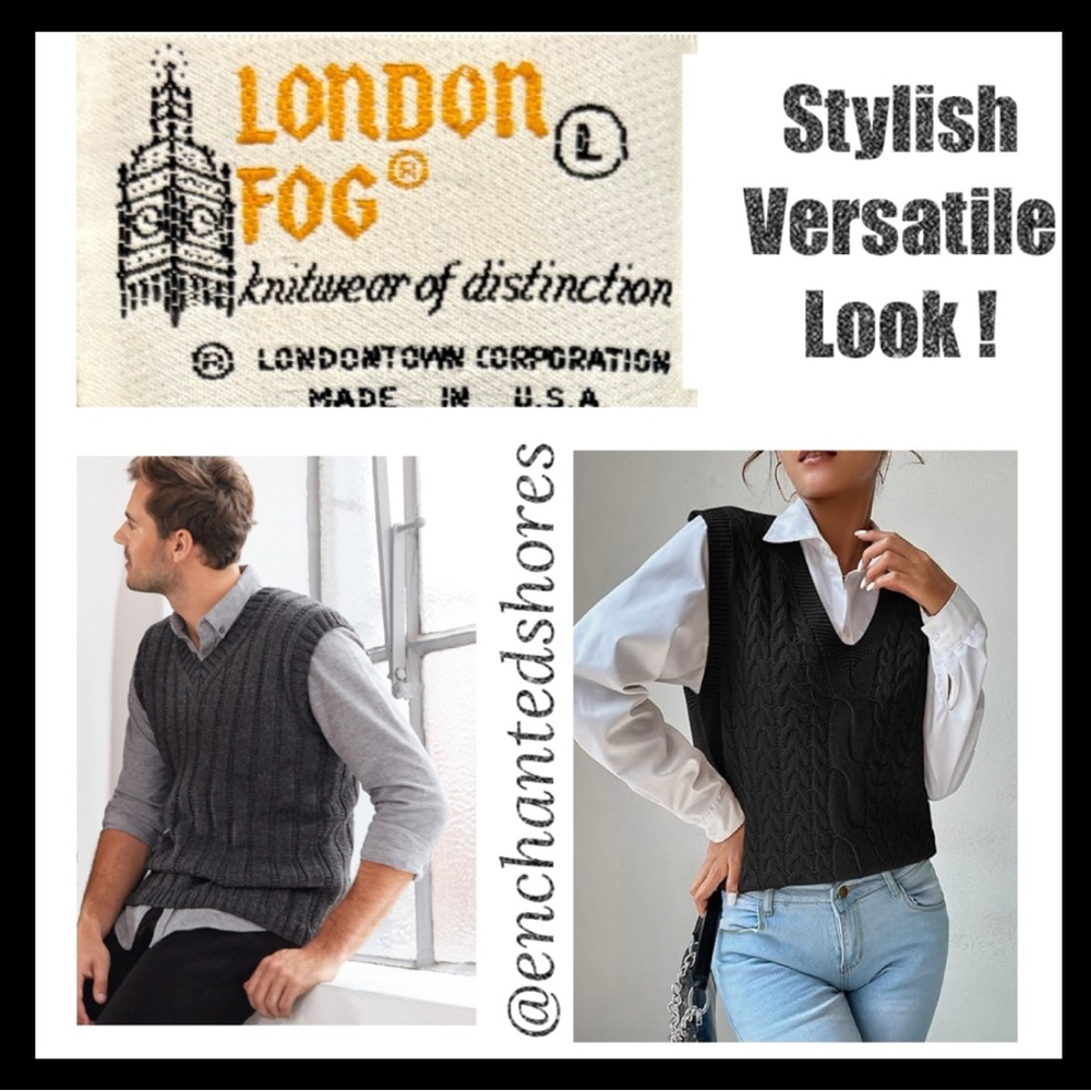 Vintage London Fog Sweater Vest Tailored Ribbed Knit USA Made Retro Gray Size L